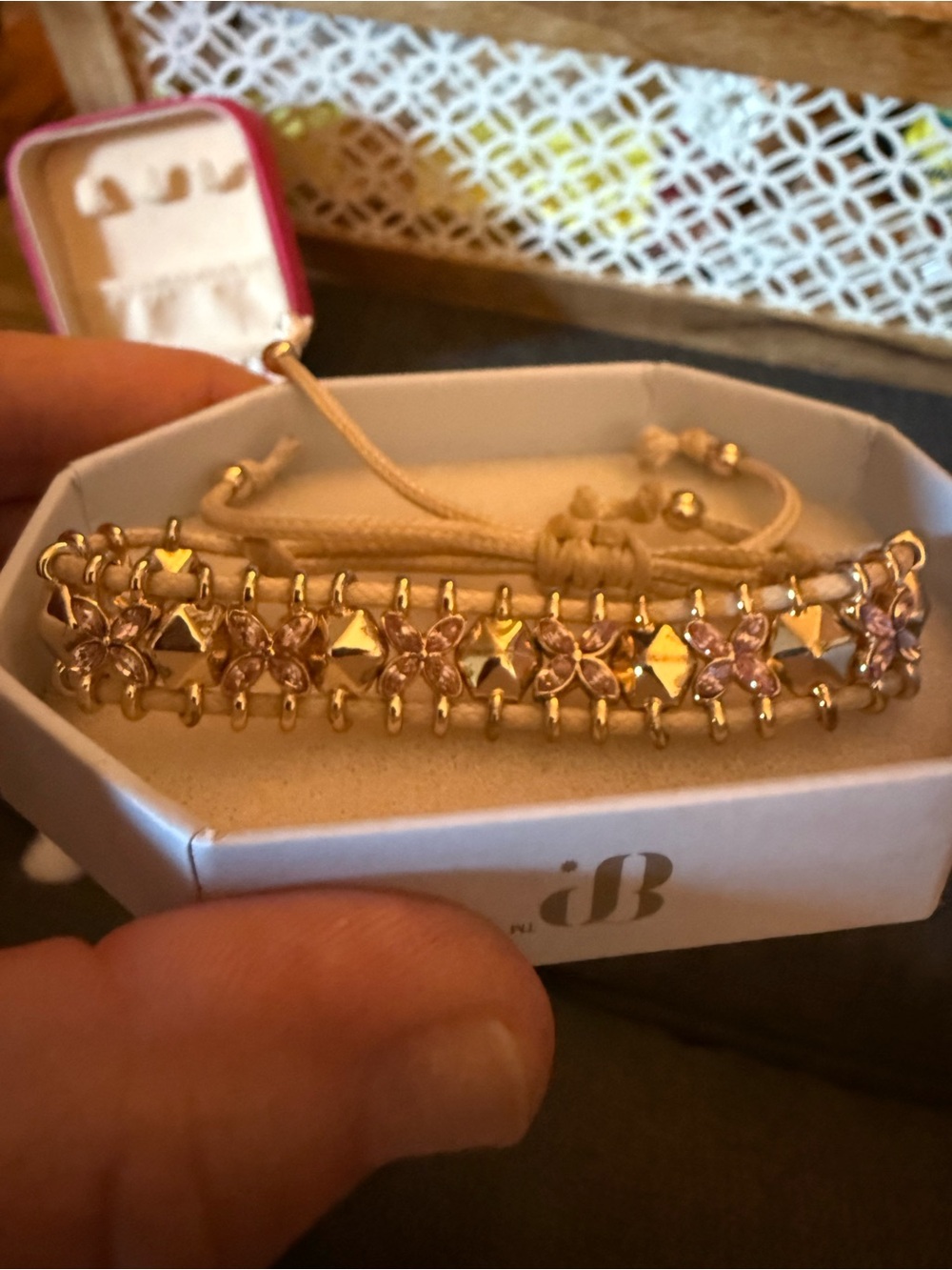 Delicate Pink Crystal Floral Gold-Tone Slider Bracelet